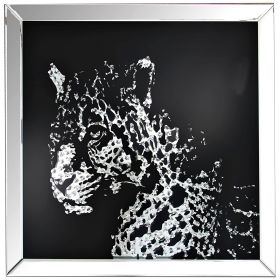 Square Shape Mirror framed Leopard Wall Decor With Crystal Inlays, Black & Silver
