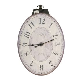 Distressed Oval Shape Wooden Wall Clock with Ring Hanger,  White and Black