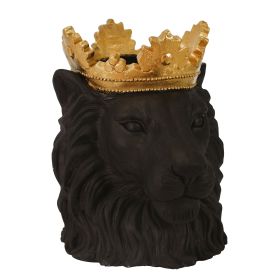 16 Inch Modern Decorative Lion Figurine Statue, Polyresin, Crown Top, Espresso