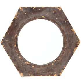 Rustic Style Wooden Wall Mirror with Hexagonal Frame, Silver and Brown