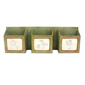 Rustic Horizontal Wall Organizer with 3 Slots and Metal Hooks, Green