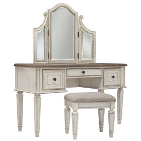 Wooden Mirror Stool Set with Square Tapered Legs, Antique White, Brown
