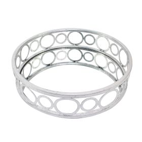 Round Metal Tray Set of 2 with Geometric Mirror Panel Inserts, Silver