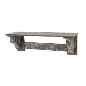 Wooden Wall Shelf Set of 2 with 4 Hooks and Carved Side Frames, Distressed Black