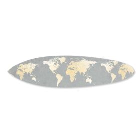 Wooden Surfboard Wall Art with World Map Print, Gray and White