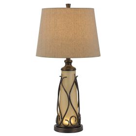 3 Way Table Tamp with Frosted Glass Body and Fabric Shade, Light Brown