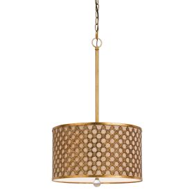 Fabric and Metal Pendant with Geometric and Embossed Floral Design, Gold