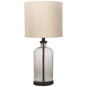 Cylindrical Seeded Glass Table Lamp with Fabric Drum Shade, Beige and Clear