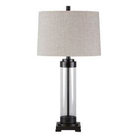 Glass and Metal Frame Table Lamp with Fabric Shade, Gray and Black