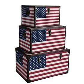 Wooden Trunks with US Flag Print and Metal Corner Accent, Set of 3, Multicolor