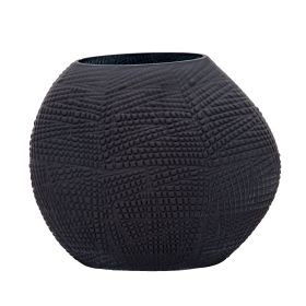 Glass Protruded Design Vase with Textured Details, Black