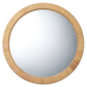 36 Inch Coastal Style Round Mirror, Hand Woven Rattan Frame, Glass, Brown