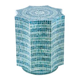 20 Inch Stool Table, Capiz Shell Inlay, Floral Geometric Design, Turquoise