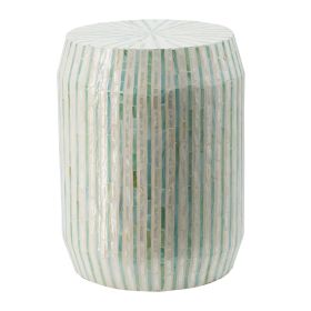 18 Inch Stool Table, Modern, Round Drum Design, Capiz Shells, Blue Finish