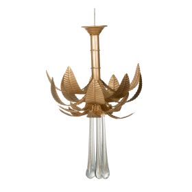 20 Inch Chandelier, Textured Leaves, Glass Clear Crystals, Modern, Gold