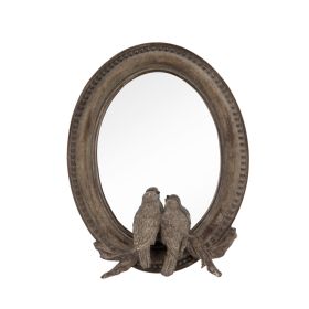 10 Inch Resin Oval Accent Table Mirror, Perched Birds, Dark Bronze