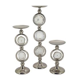 22, 16, 10 Inch Pillar Candle Set of 3, Agate Stone, Silver Metal Frame