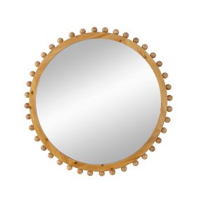 Emu 34 Inch Round Wall Mirror with Beaded Natural Brown Fir Wood Frame