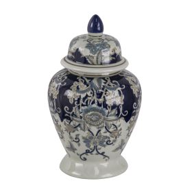 17 Inch Porcelain Ginger Jar with Lid, Vintage Blue and White Flower Design