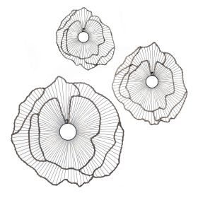 30, 24, 18 Inch Set of 3 Decorative Metal Flowers, Wall Decor Black, Gold