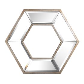 Toby 12 x 14 Inch Wall Mount Accent Mirror, Dual Hexagon Wood Frame, Brown
