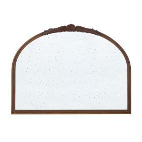 Eel 40 Inch Wall Mirror, Espresso Brown Arched Wood Frame, Hand Carved Rose