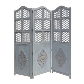 Three Panel Wooden Room Divider with Traditional Carvings and Cutouts, Blue