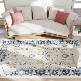 HOMCOM Machine Washable Area Rug 5x7, Non-Slip Boho Floral Print Floor Carpet for Living Room, Bedroom, Dining Room, Blue